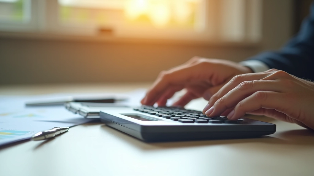 Personas rokas ar kalkulatoru un finanšu dokumentiem uz biznesa galda
