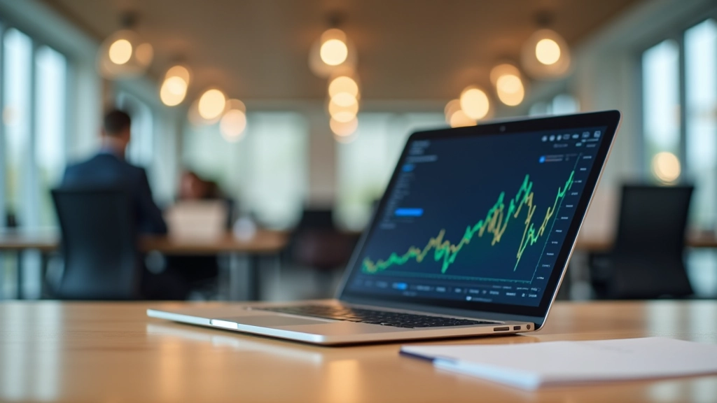 Moderns bankas ofis ar datoriem un finanšu diagrammām uz galda